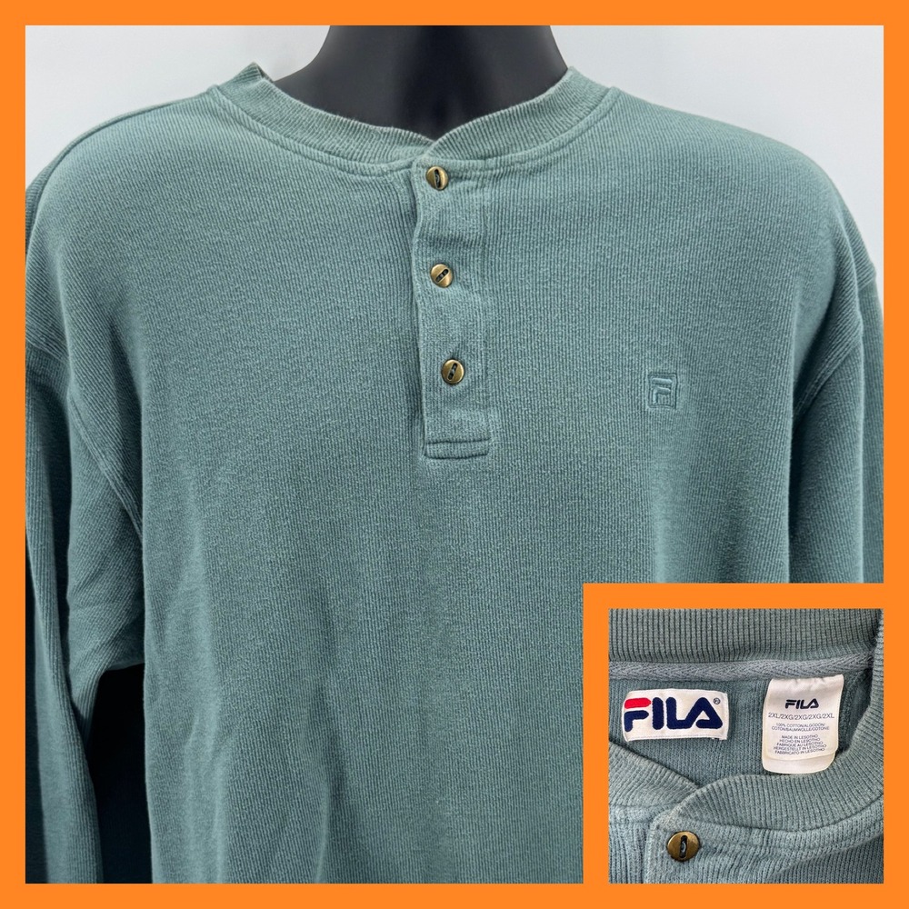 Fila Henley Shirt Mens 2XL Teal Blue Ribbed Cotton Long Sleeve Logo Sportswear